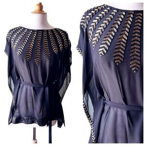 Namarata Joshipura Black Silk Gold Beaded Top Flutter Sleeve - Medium